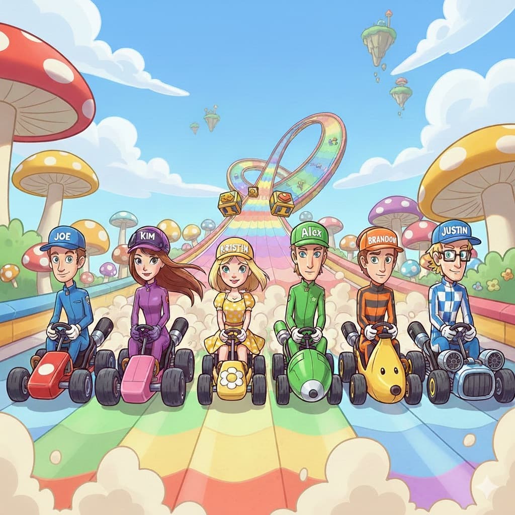 A vibrant cartoon image of six people in go-karts, driving side-by-side towards the viewer on a rainbow track in a whimsical Mario Kart-style world. Each character wears a hat with their name (Joe, Kim, Kristin, Alex, Brandon, Justin).